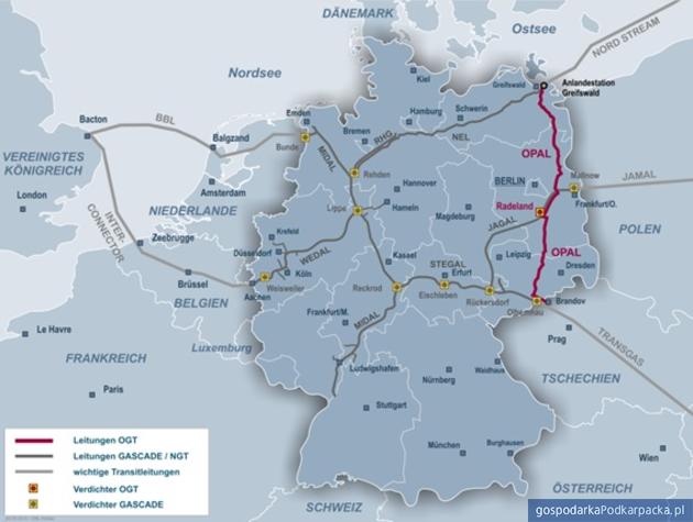 OPAL na mapie sieci niemieckich gazociągów. Źródło: OPAL Gastransport GmbH & Co. KG