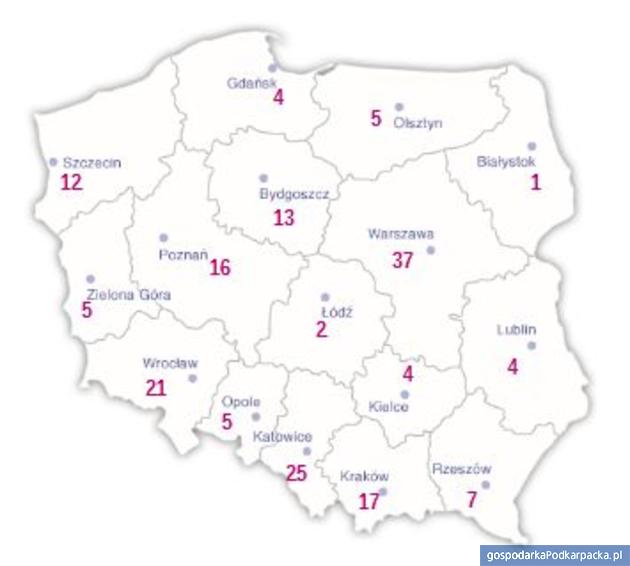 Upadłości w Polsce w I kwartale 2014 roku w podziale na województwa. Źródło Coface