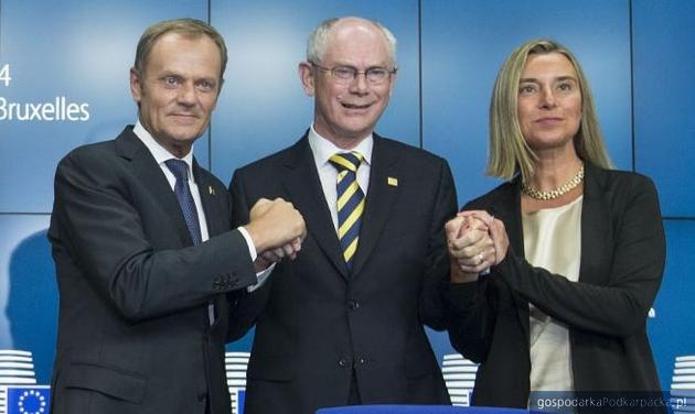 Od lewej Donald Tusk, Herman Van Rompuy oraz Federica Mogherini. Fot. premier.gov.pl