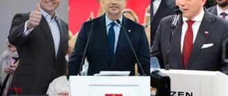 Od lewej Karol Nawrocki, Rafał Trzaskowski i Sławomir Mentzen