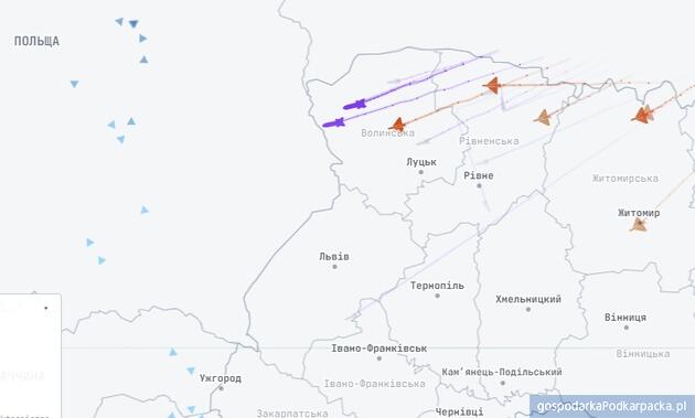Strona mapa.ua, widać drony zbliżające się do Polski